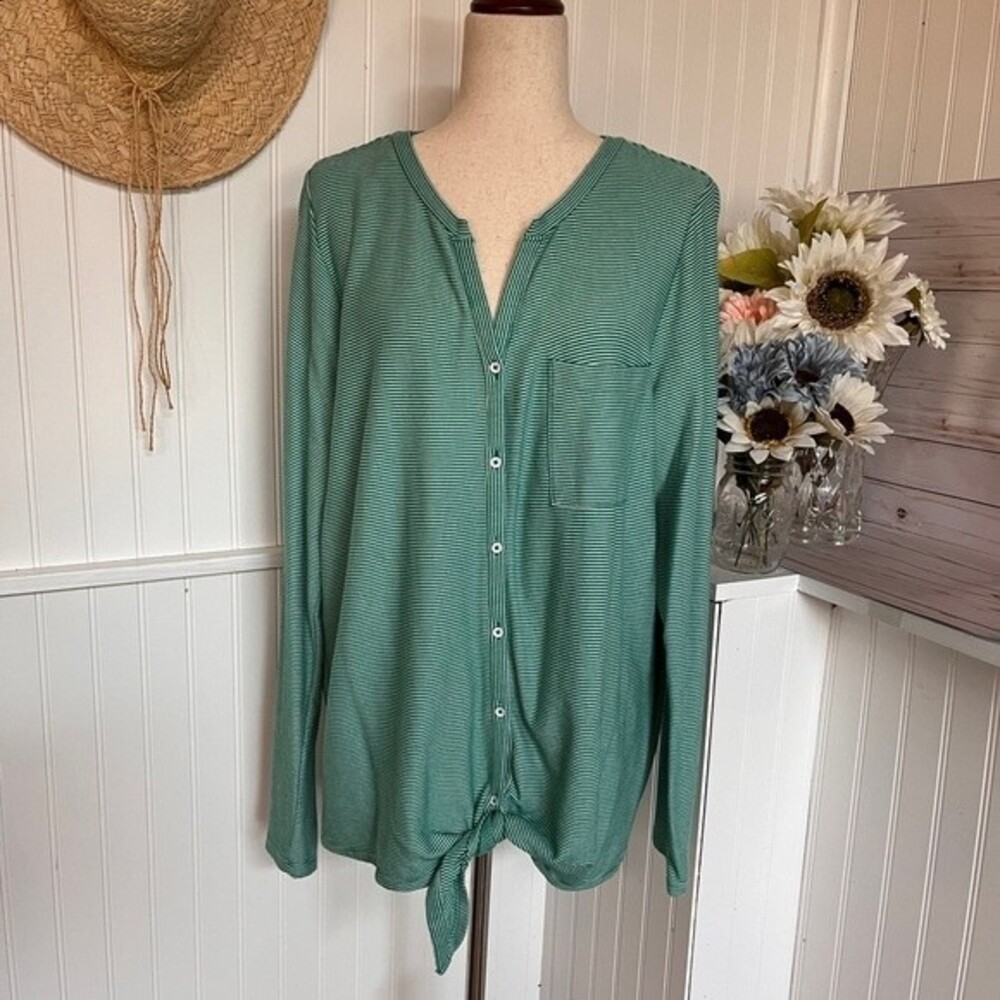 Green White Stripes Long Sleeve Shirt St John’s Bay